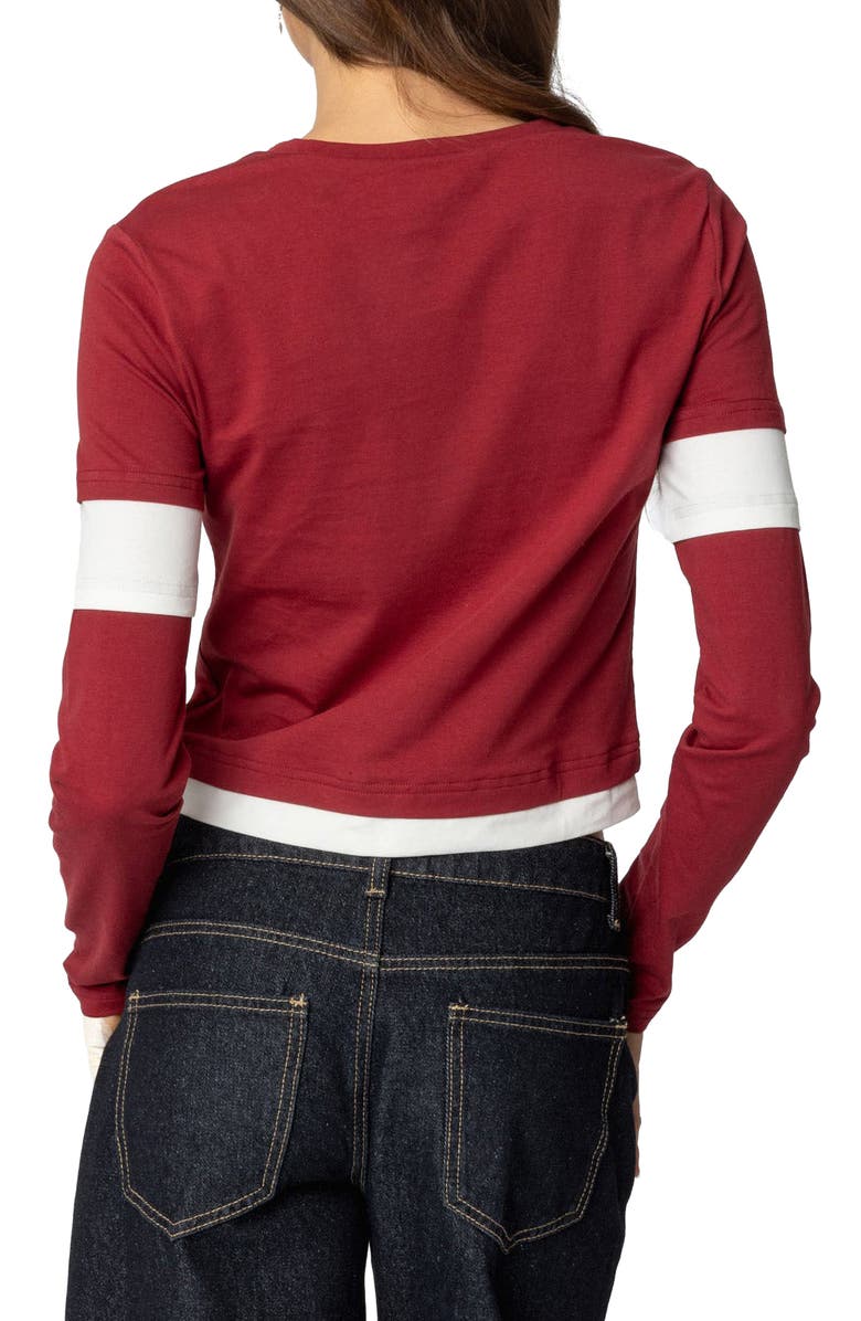 EDIKTED Paula Layered Look Long Sleeve Cotton T-Shirt, Alternate, color, Burgundy