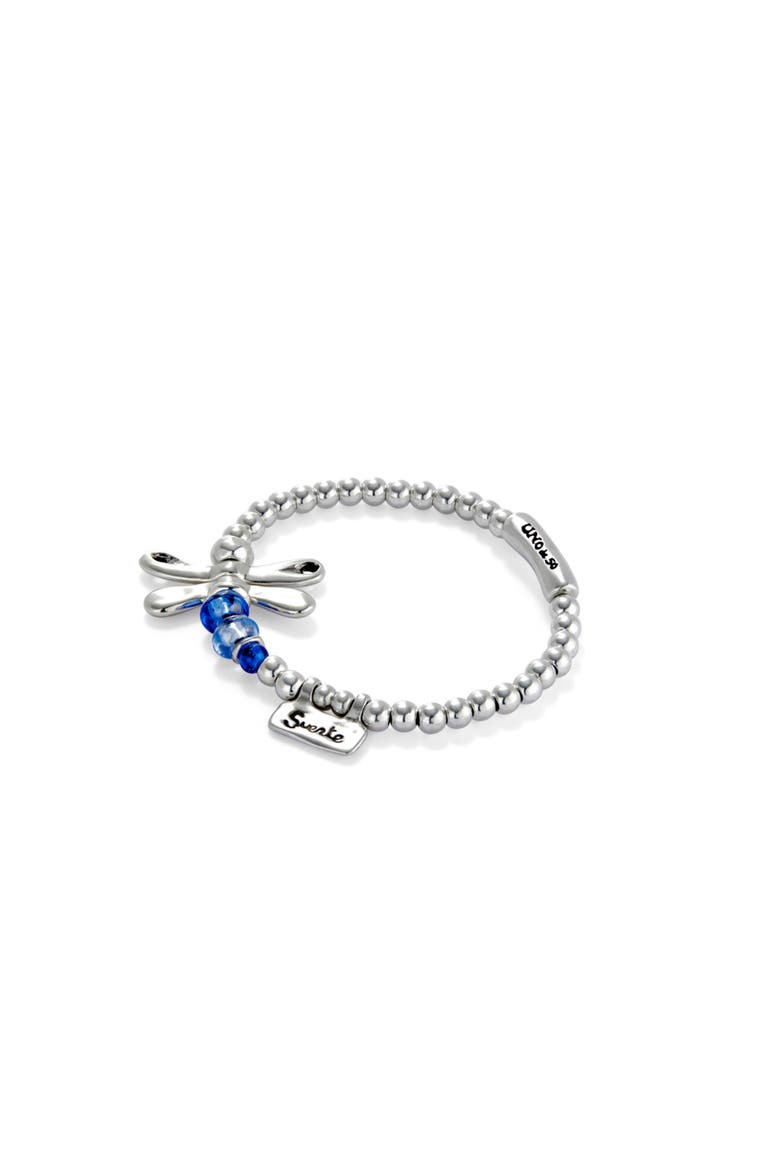 Elastic Bracelet with Sterling Silver Plated Dragonfly with Blue Crystals, Alternate, color, Silver