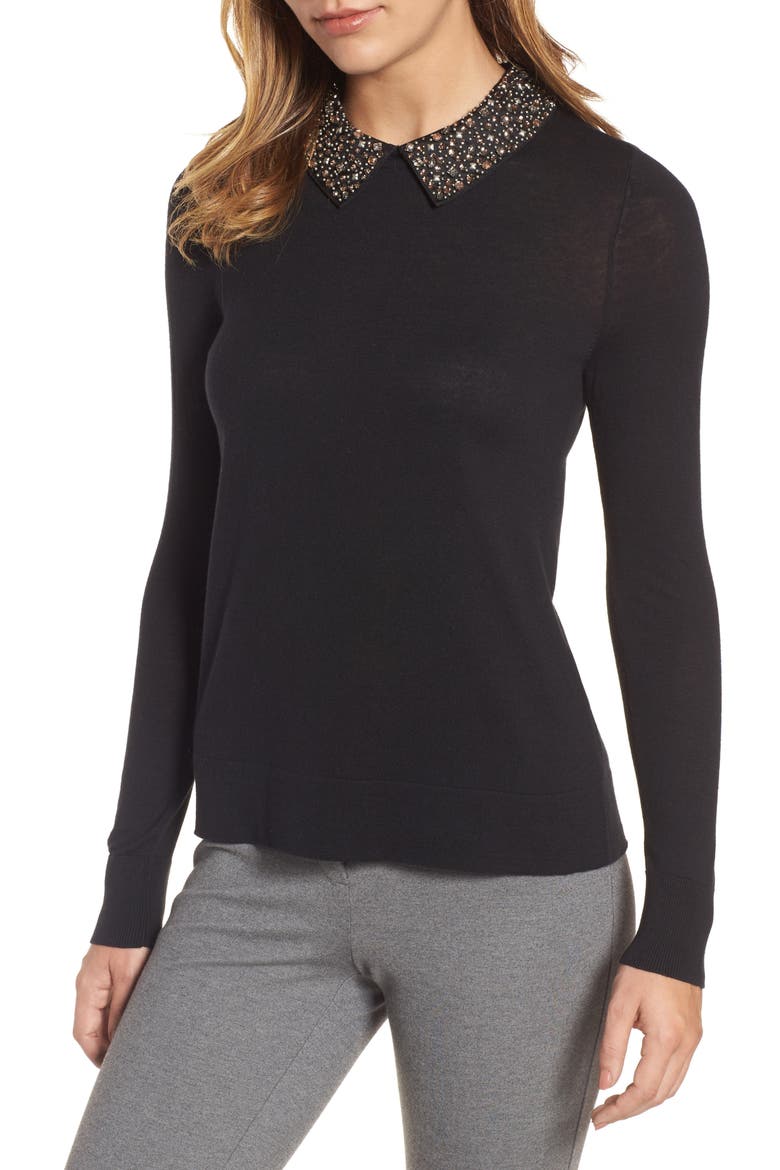 Embellished Collar Sweater, Main, color, BLACK