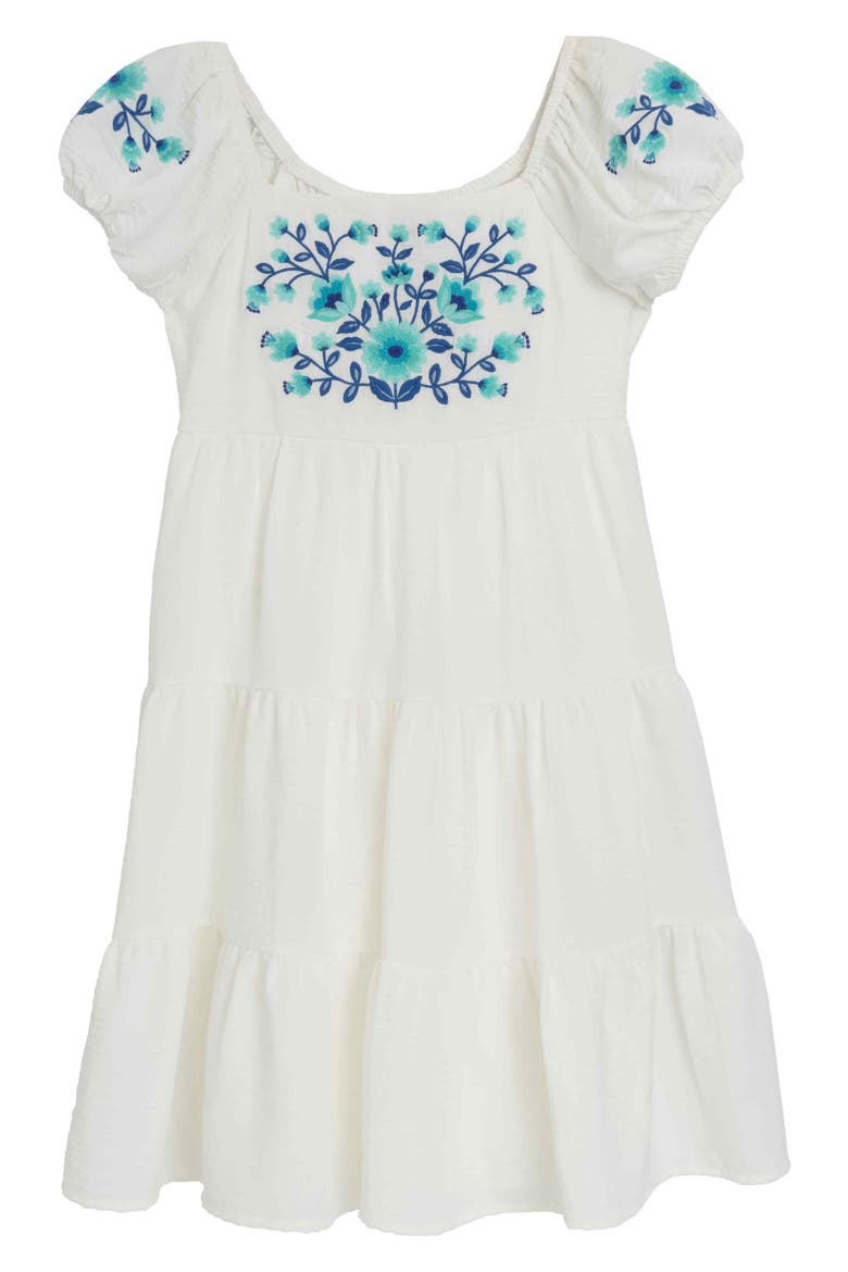 Kids' Embroidered Puff Sleeve Babydoll Dress, Main, color, IVORY/ AQUA
