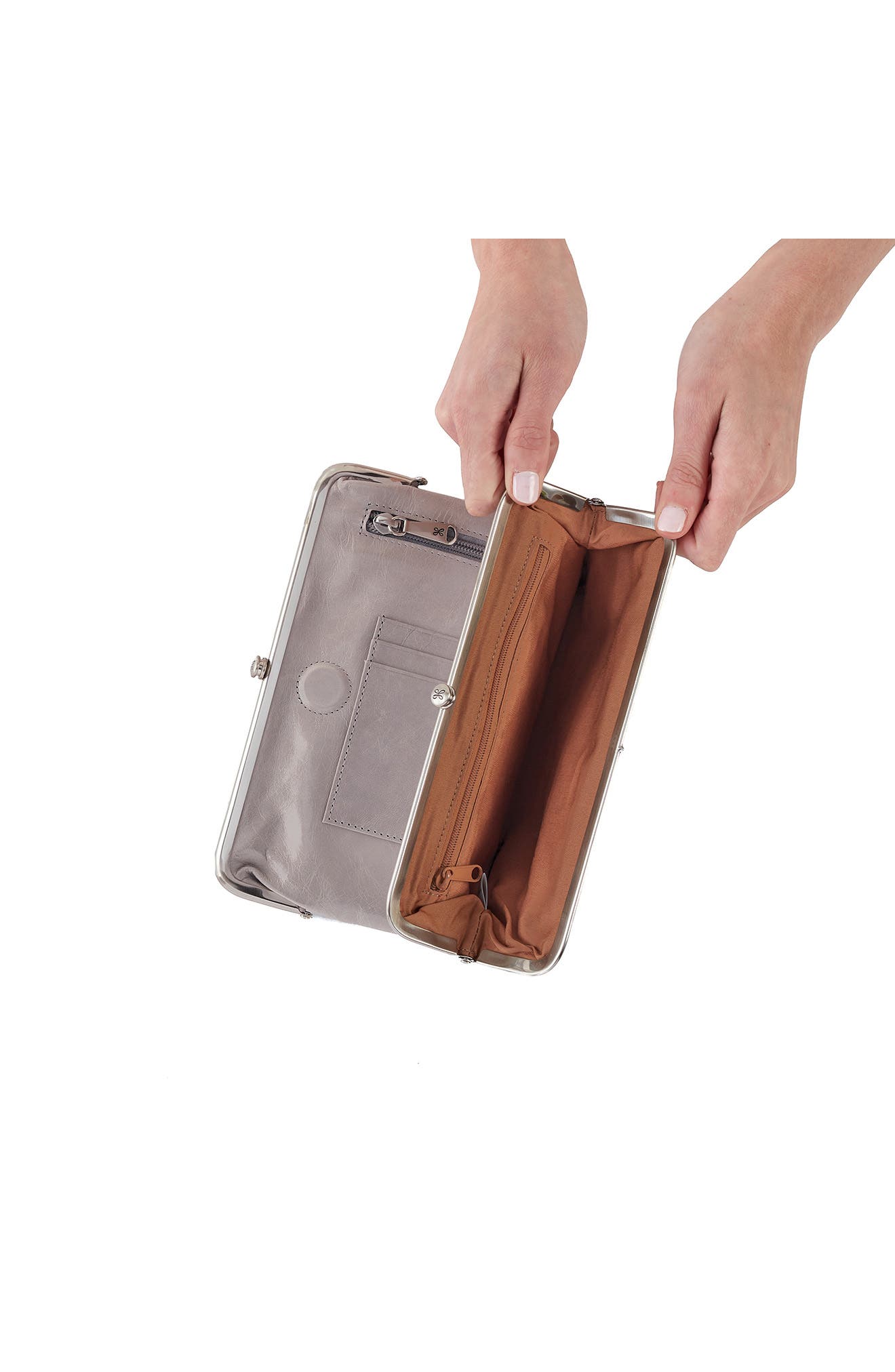 HOBO Lauren Leather Double Frame Clutch, Alternate, color, Light Grey