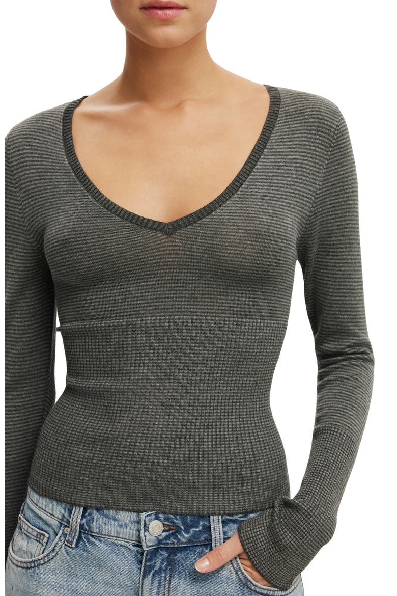 Women's Close Knit V-neck Top, Alternate, color, Charcoal Mini Stripe
