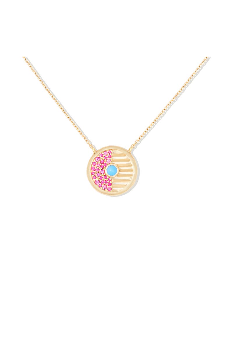 Found Small Disk Pendant Necklace, Main, color, Pink Sapphire & Turquoise-Gold