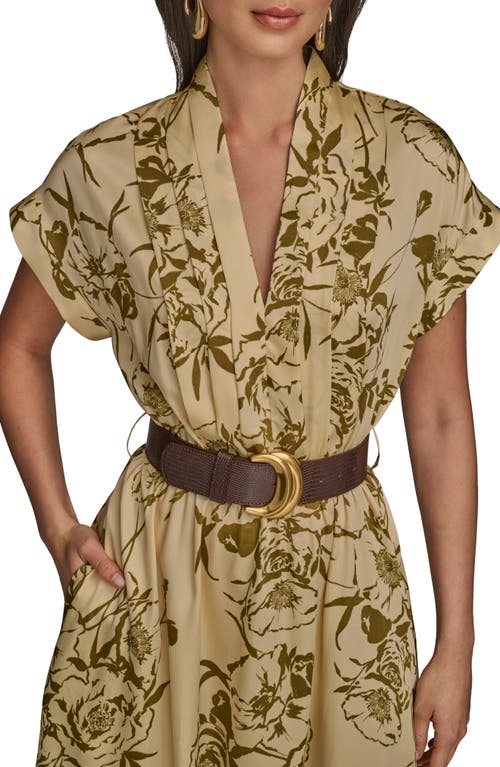 Donna Karan New York Floral Short Sleeve Belted A-line Midi Dress In Brown