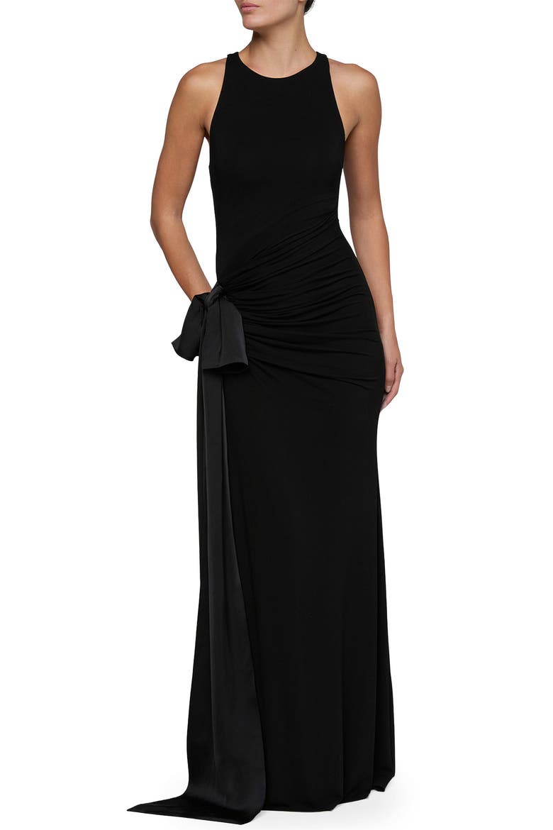 Frost Shirred Racerback Bow Gown, Main, color, BLACK
