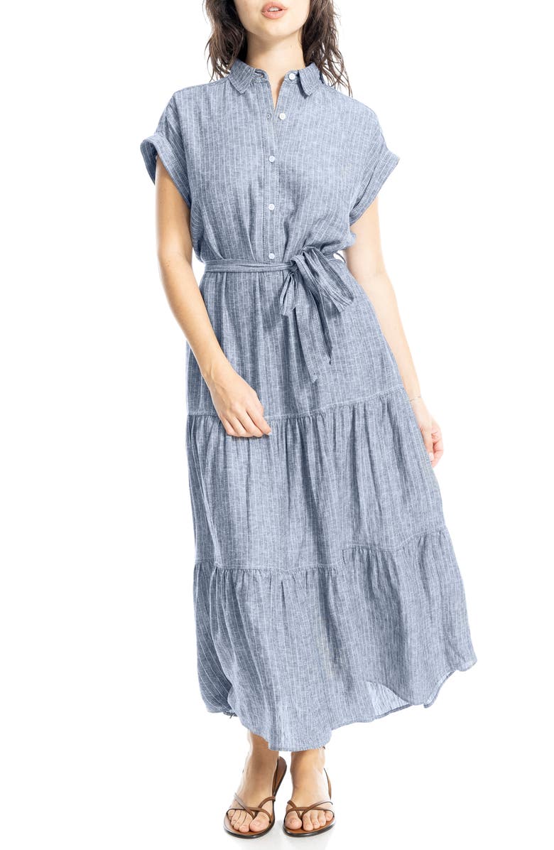 MAX STUDIO Cap Sleeve Maxi Shirtdress, Main, color, Navy/ White Pin Stripe