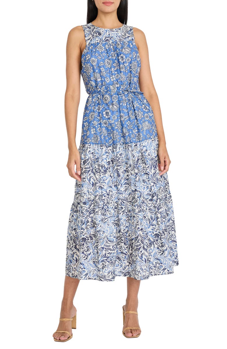 The Good Journey Floral Paisley Sleeveless Cotton Midi Dress, Main, color, Ivory/ Blue