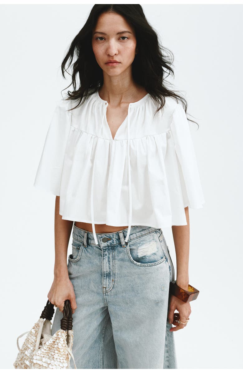 H&M Cropped Cotton Blouse, Alternate, color, White