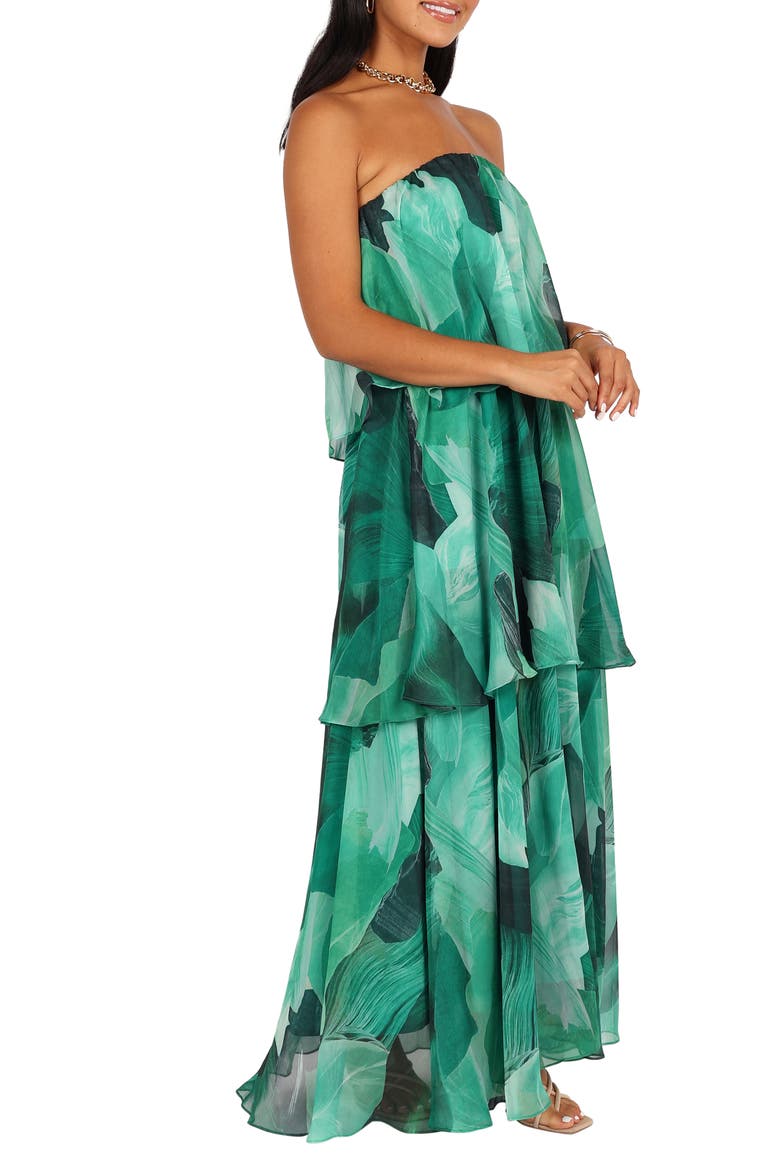 Bloom Strapless Tiered Chiffon Maxi Dress, Alternate, color, GREEN FLORAL