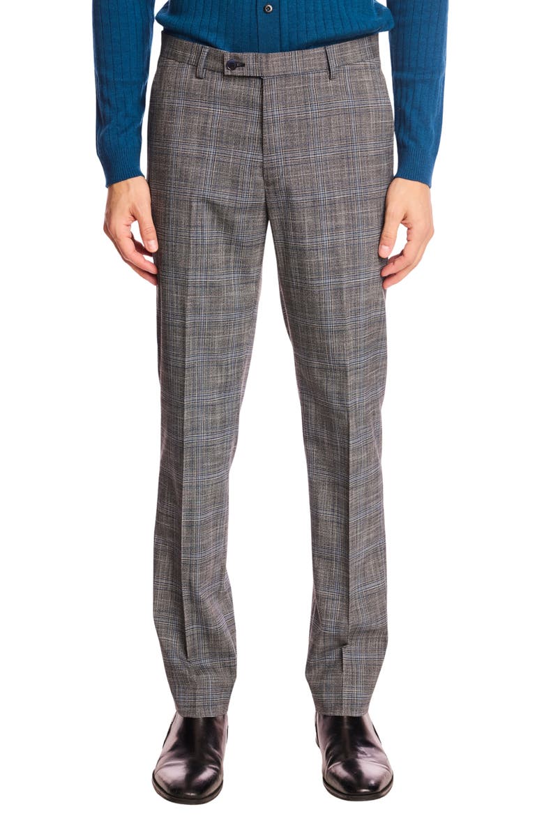 Downing Slim Fit Flat Front Plaid Dress Pants, Main, color, BLUE BLACK PLAID