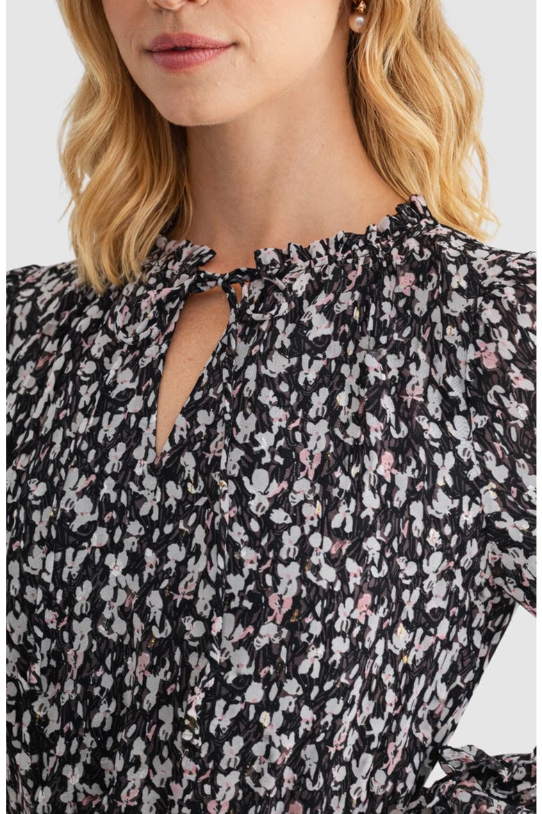Floral Print Tie Neck Long Sleeve Maxi Dress, Alternate, color, BLACK/ PINK MULTI