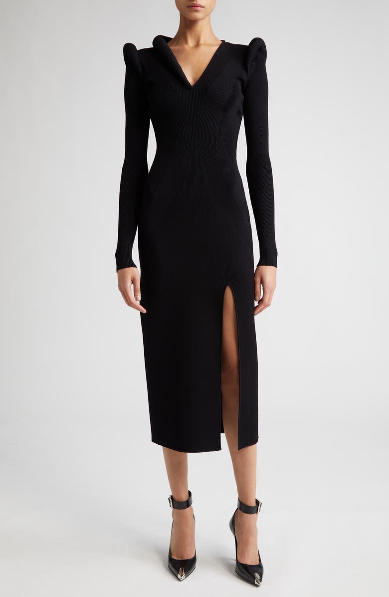 McQueen Padded Shoulder Rib Long Sleeve Midi Dress, Main, color, 