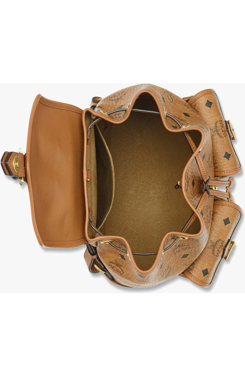 MCM Small Aren Drawstring Backpack in Visetos, Alternate, color, Brown