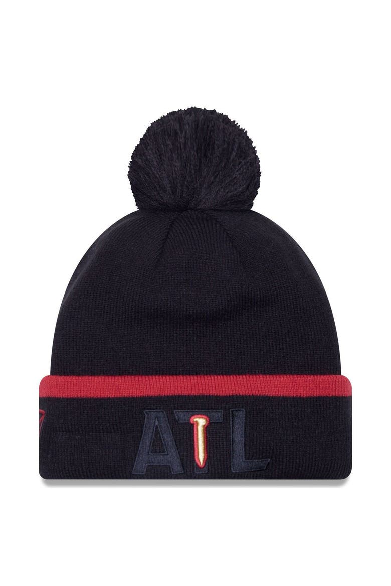 Men's New Era Black Atlanta United FC Wordmark Kick Off Cuffed Knit Hat with Pom, Main, color, Black