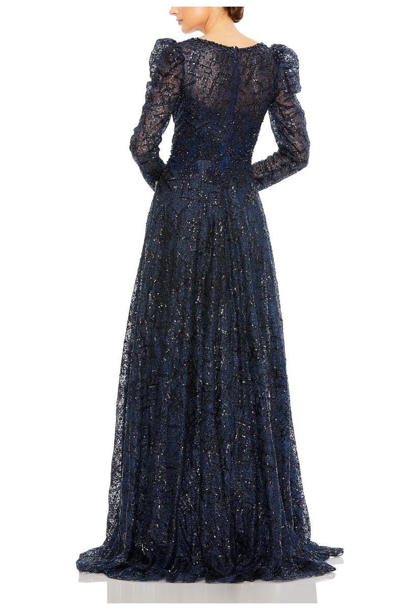 Mac Duggal Embellished V Neck Long Sleeve A Line Gown, Alternate, color, Midnight