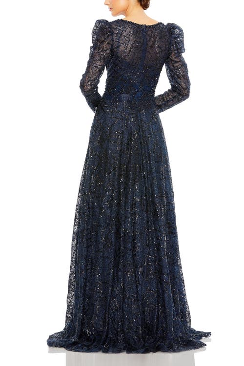 Mac Duggal Embellished V Neck Long Sleeve A Line Gown In Midnight