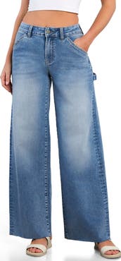 HINT OF BLU Raw Hem Wide Leg Carpenter Jeans
