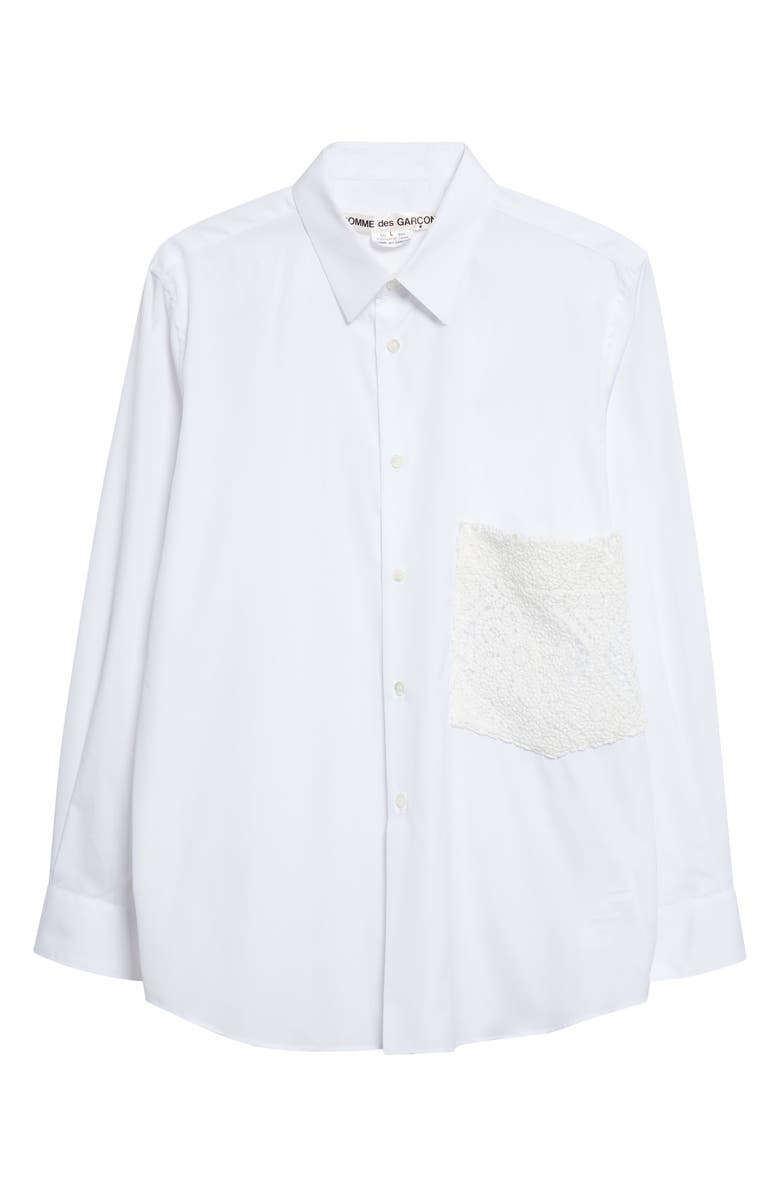 Comme des Garçons Cotton Broadcloth Button-Up Shirt with Chemical Lace Pocket, Alternate, color, White X Off-White