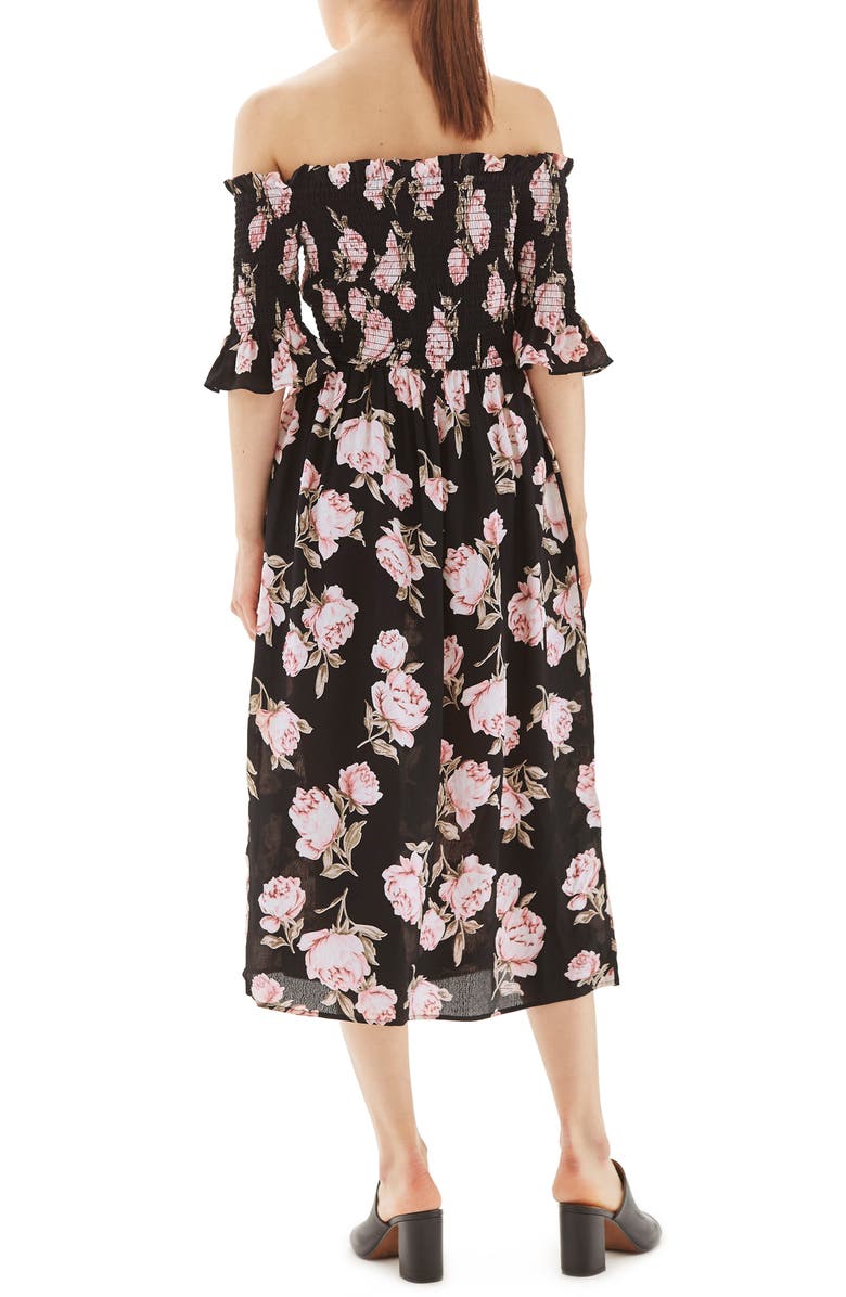 Topshop Bardot Rose Midi Dress, Alternate, color, 