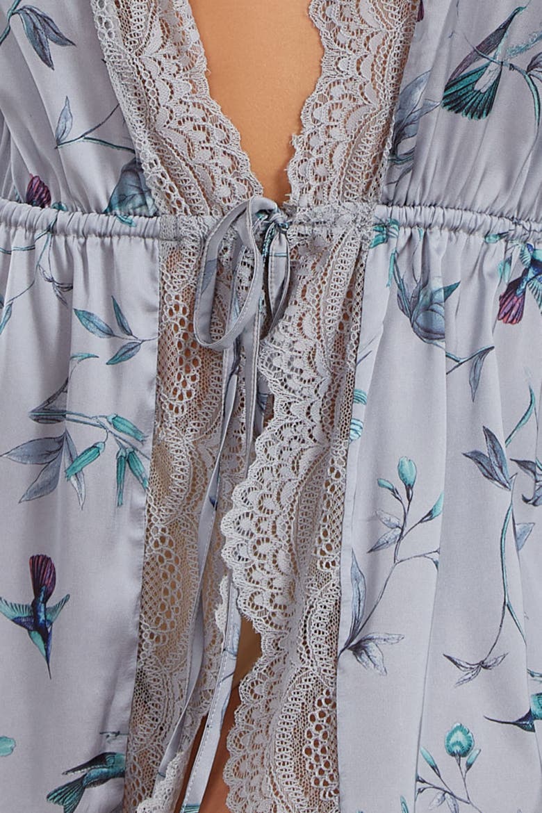 Hummingbird Print Cold Shoulder Lace Trim Satin Robe, Alternate, color, GRAY
