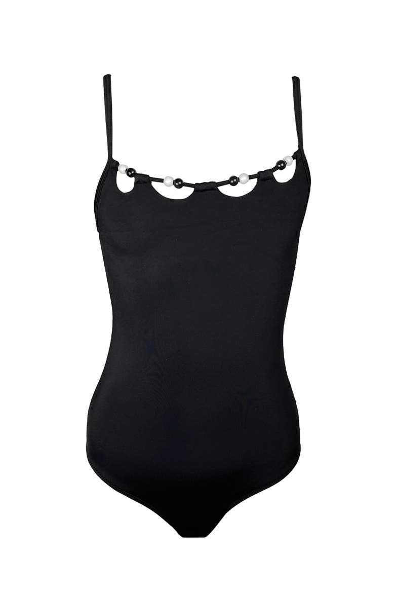 Minimalist Pearl-Accented Scalloped Neckline One-Piece Swimsuit, Main, color, Black