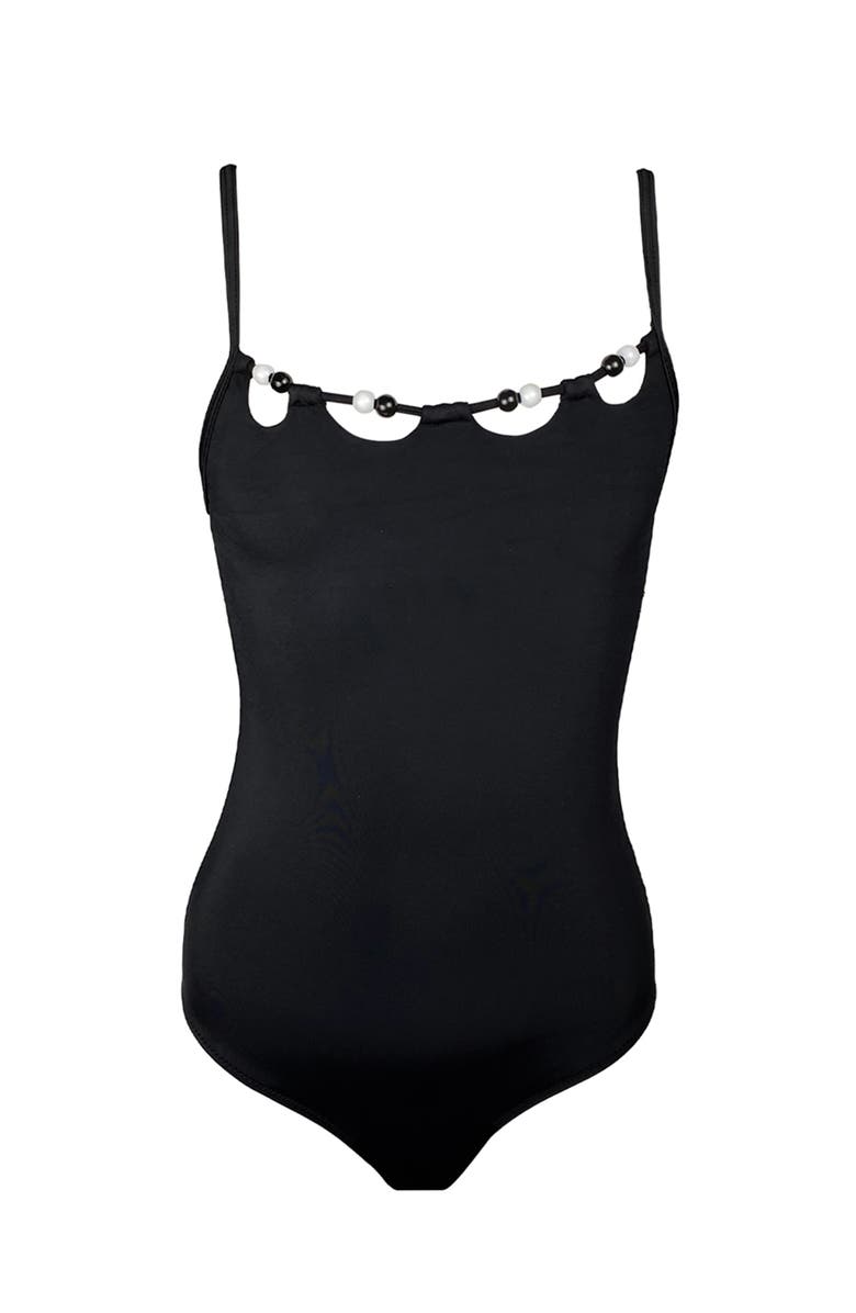 NESSI BYRD Minimalist Pearl-Accented Scalloped Neckline One-Piece Swimsuit, Main, color, Black