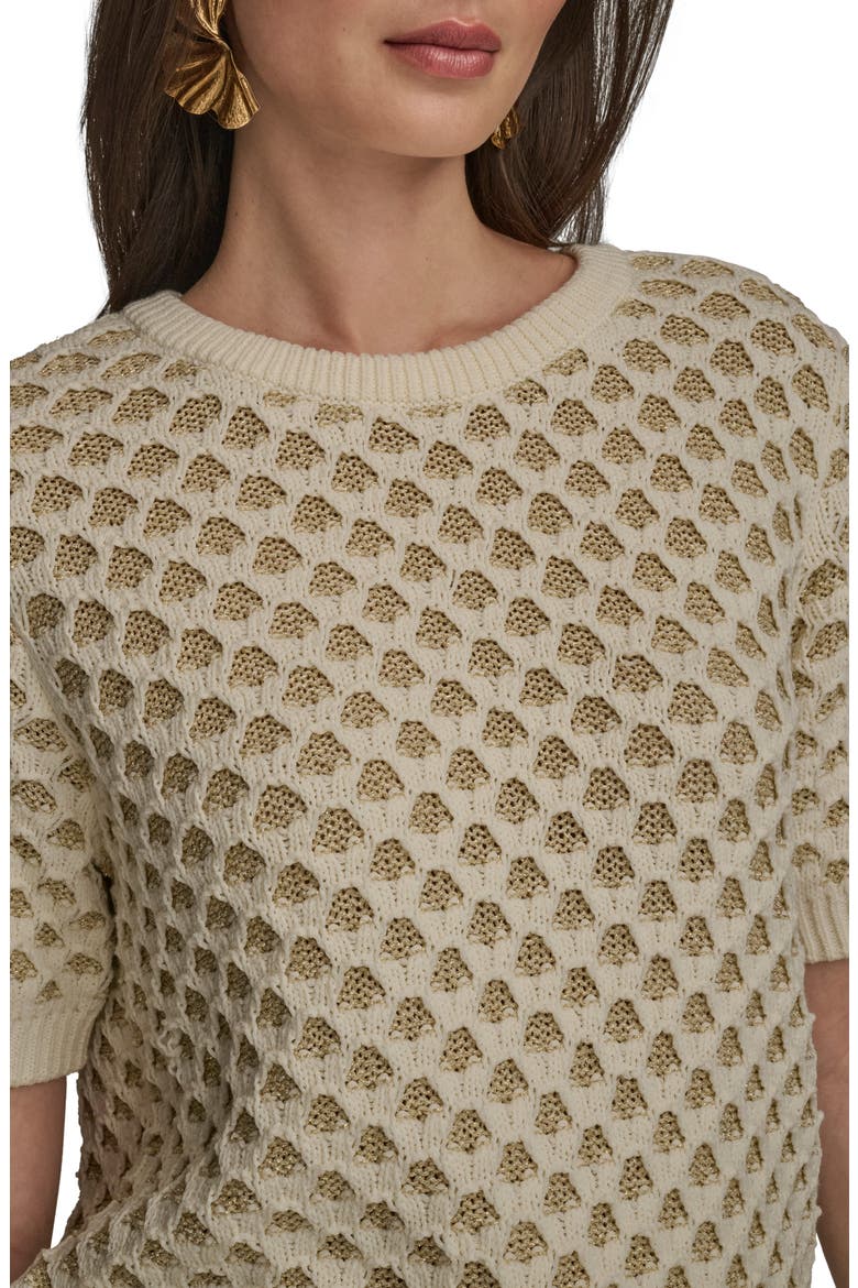 Honeycomb Short Sleeve Open Stitch Sweater, Alternate, color, GOLD/ CREAM