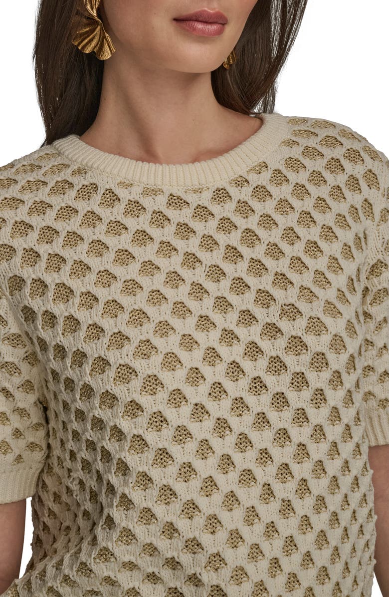 Donna Karan New York Honeycomb Short Sleeve Open Stitch Sweater, Alternate, color, Gold/ Cream