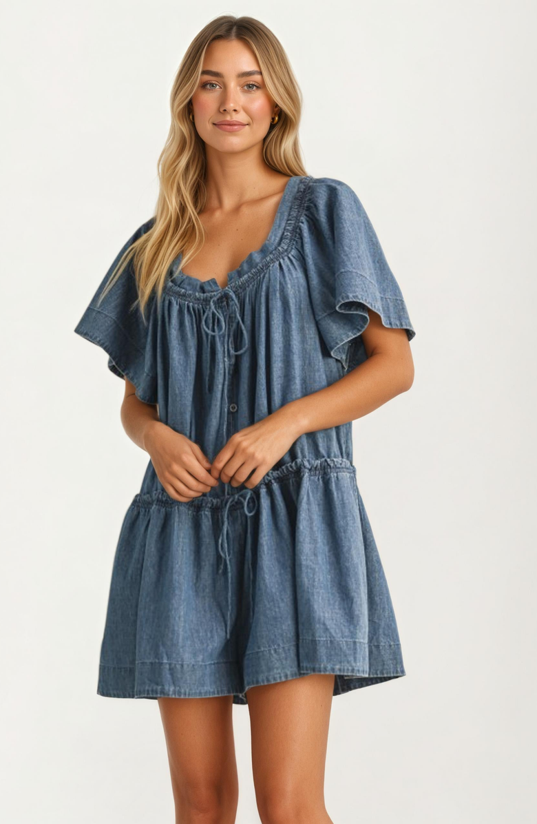 Knit and Lounge Flutter Sleeve Cinched Waist Denim Romper, Main, color, 