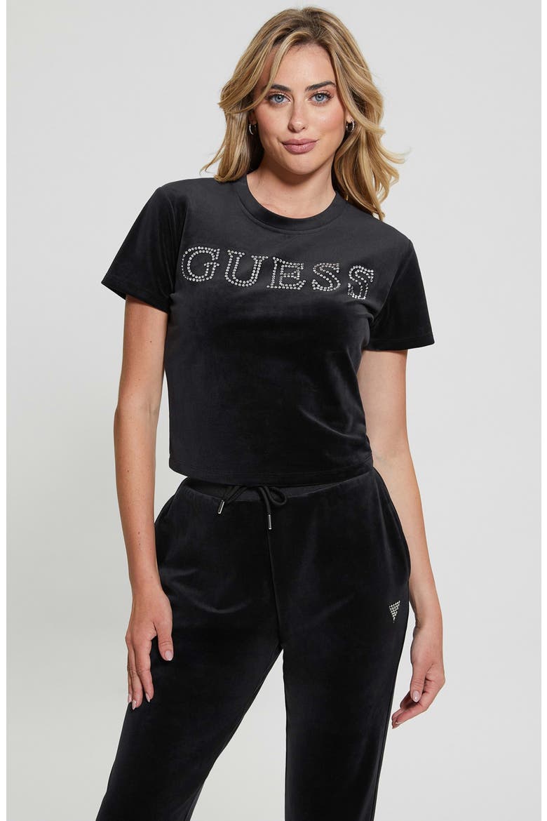 Couture Embellished Crop Velvet T-Shirt, Alternate, color, JET BLACK