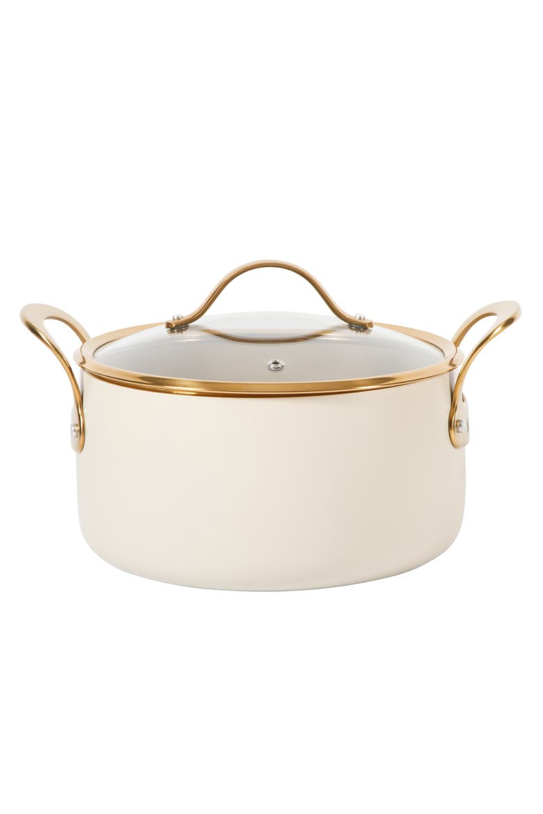 6 Quart Heavy Duty Aluminum Premium PFA Free Ceramic Nonstick Dutch Oven Pot with Lid, Main, color, Linen White with Gold Handle