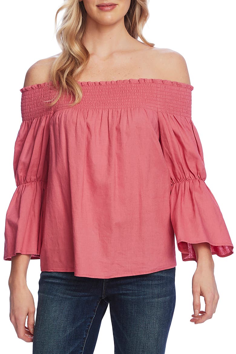 Off the Shoulder Bell Sleeve Linen Blend Blouse, Main, color, CORAL BLOSSM