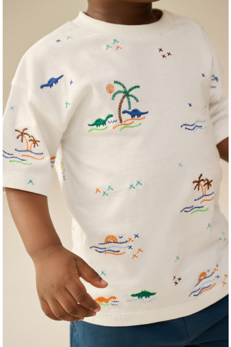 Kids' Dinosaur Embroidered Cotton T-Shirt, Alternate, color, WHITE