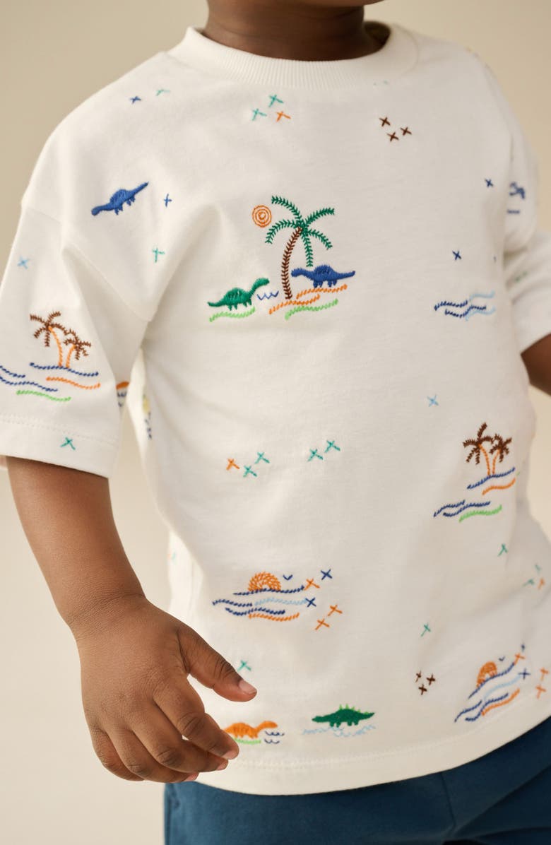 NEXT Kids' Dinosaur Embroidered Cotton T-Shirt, Alternate, color, White