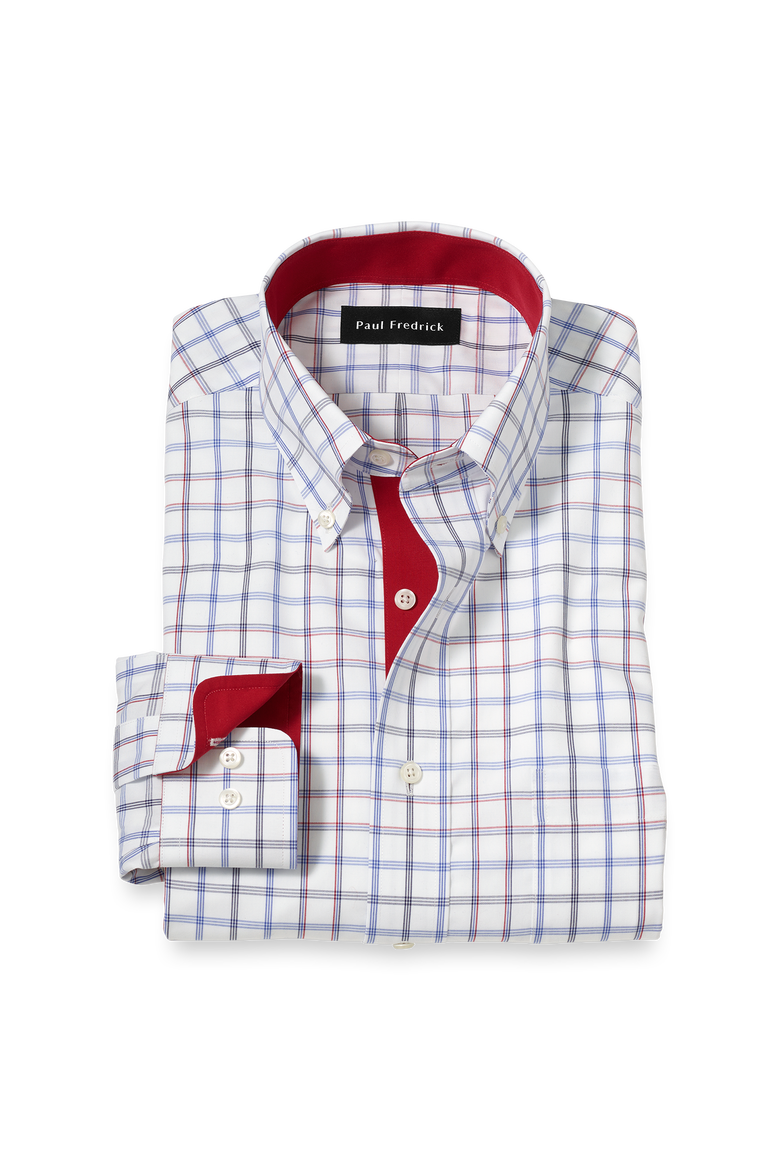 Cotton Buttondown Collar Broadcloth Slim Contrast Trim Button Cuff Long Sleeve, Main, color, Blue/Red