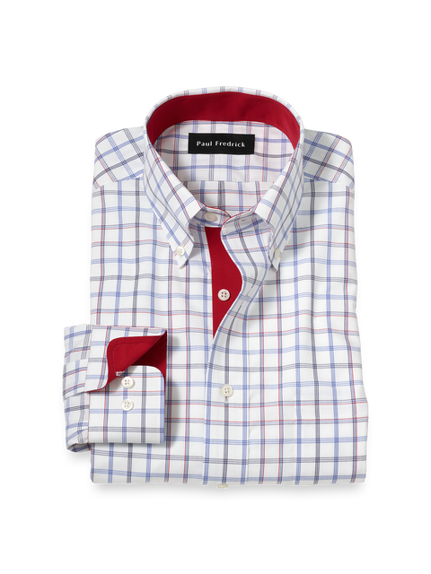Cotton Buttondown Collar Broadcloth Slim Contrast Trim Button Cuff Long Sleeve