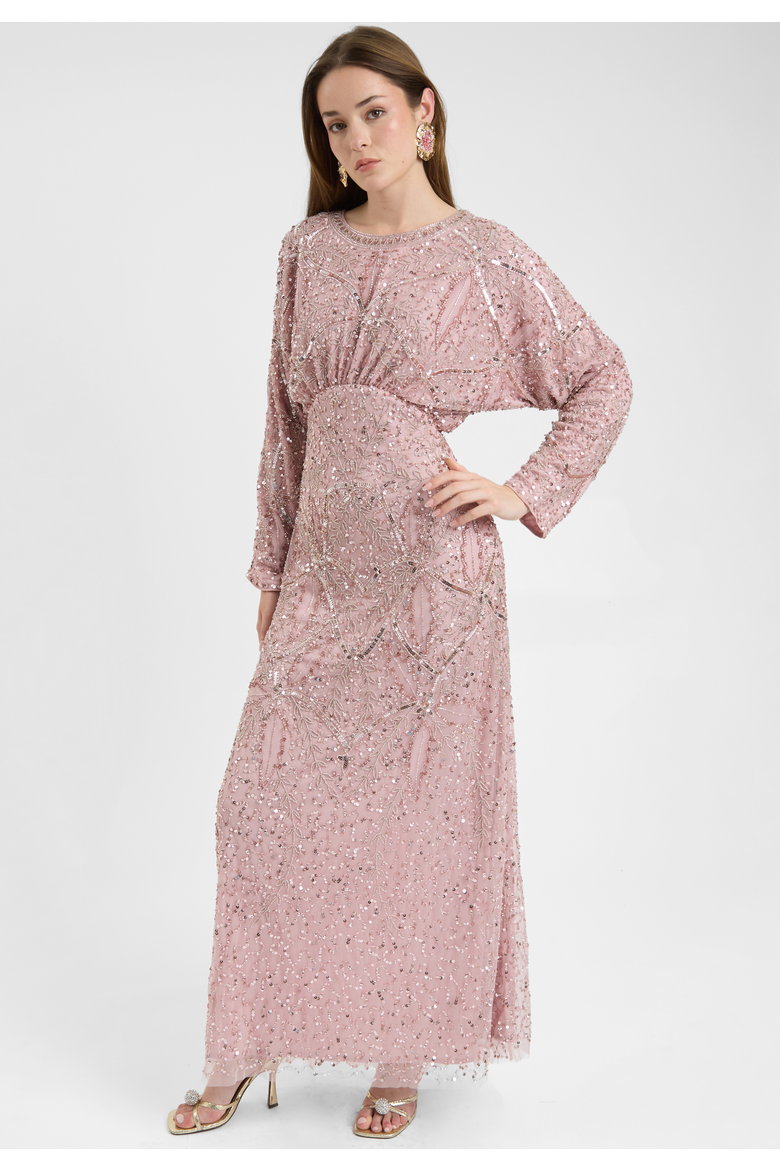 Modest Embellished Sequin Beaded Dress Maxi With long Flowey Sleeves, Alternate, color, FROSTED PINK