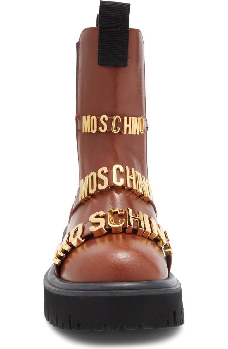 Moschino Logo Plaque Chelsea Boot, Alternate, color, Chestnut