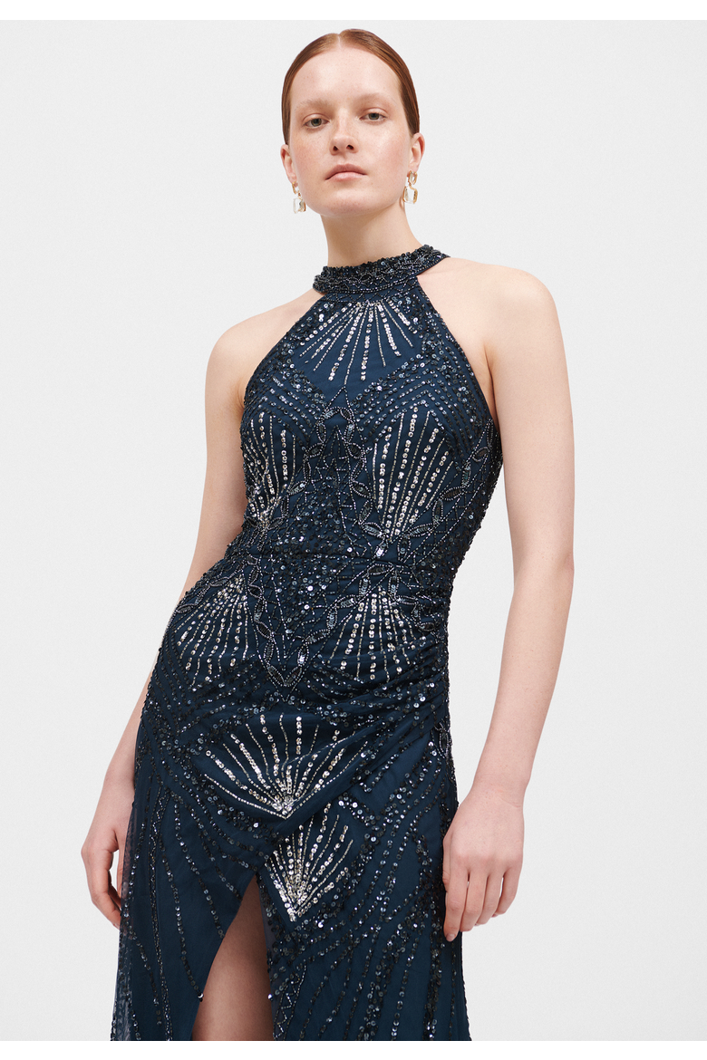 Occasion Embellished Sequin Beaded Halter Neck Evening Maxi Dress, Alternate, color, NAVY