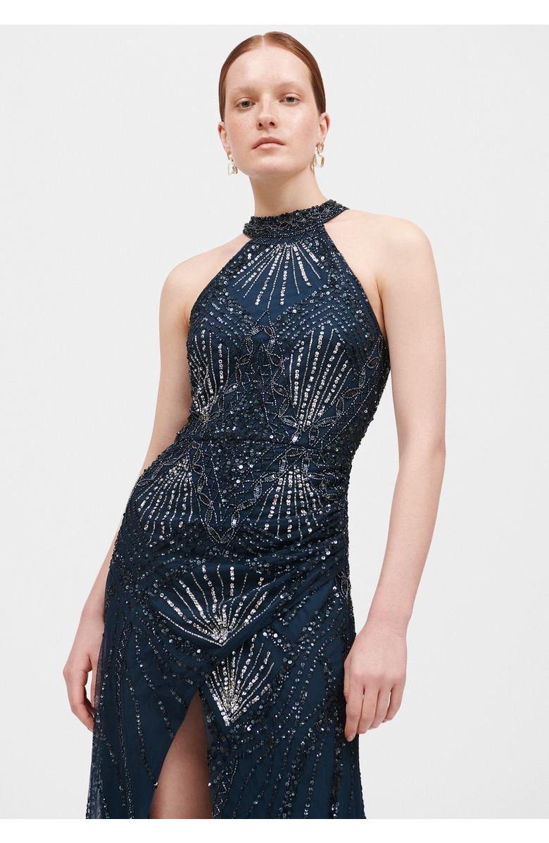BEAUUT Occasion Embellished Sequin Beaded Halter Neck Evening Maxi Dress, Alternate, color, Navy