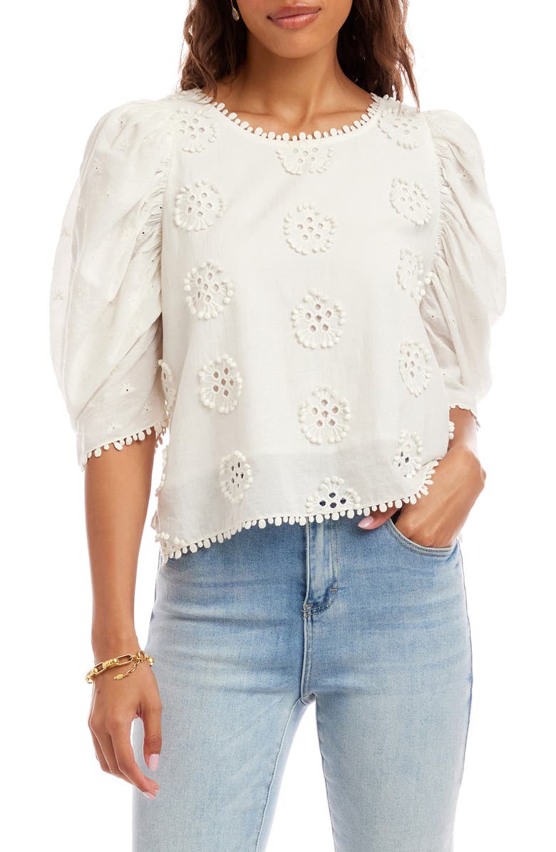 Karen Kane Embroidered Eyelet Cotton Puff Sleeve Top, Main, color, Off White