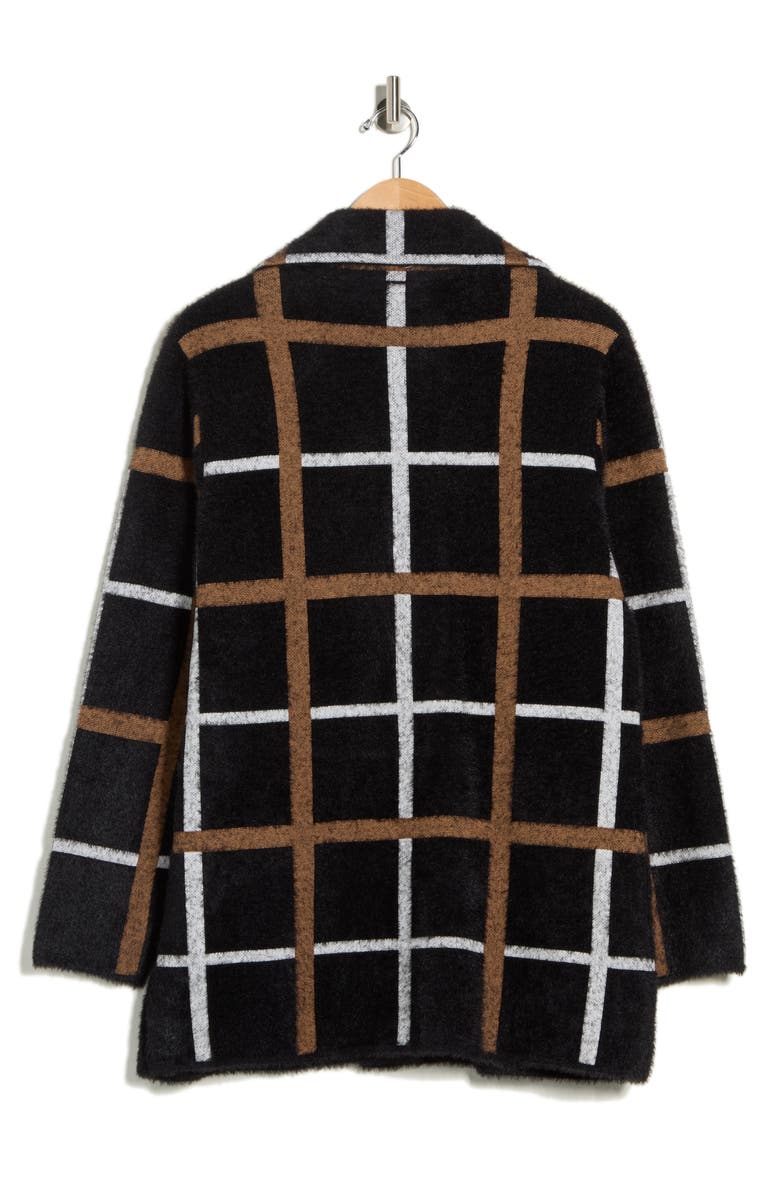 T Tahari Long Sleeve Plaid Coat, Alternate, color, Black/ White/ Camel