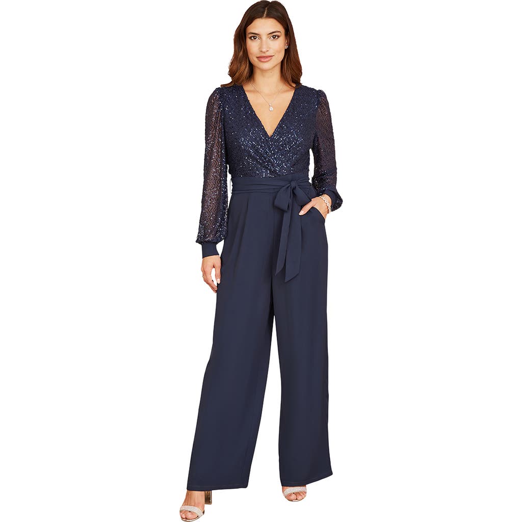 Yumi Long Sleeved Sequin Jumpsuit In Blue