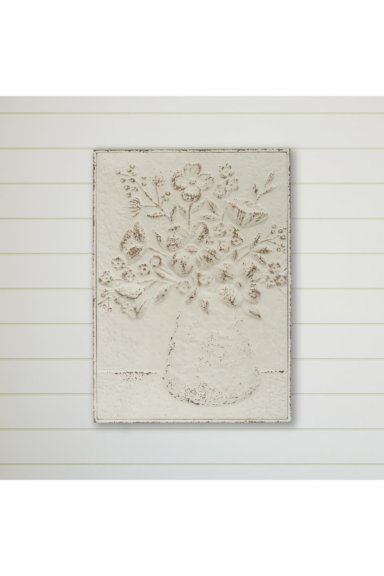 Embossed Metal Wall Art with Flowers in Vase, Distressed White and Gold, Alternate, color, Gold