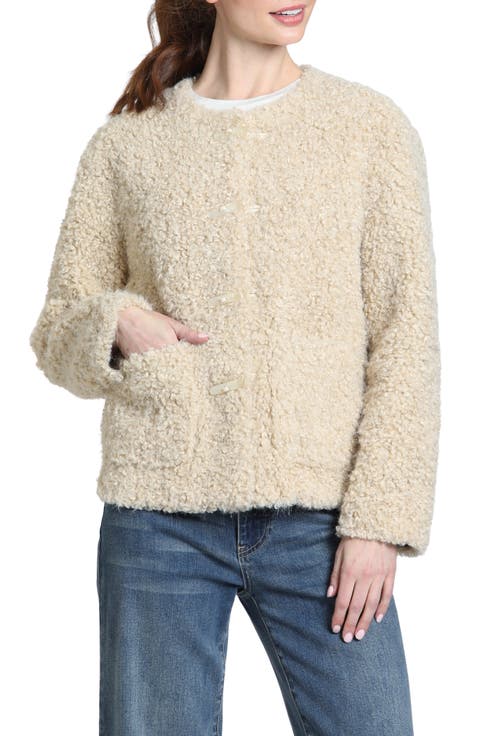 Collarless Toggle Faux Fur Jacket