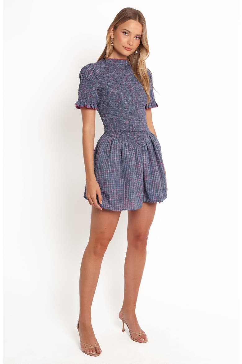 Celine Check Puff Sleeve Fit & Flare Minidress, Alternate, color, NAVY PLAID