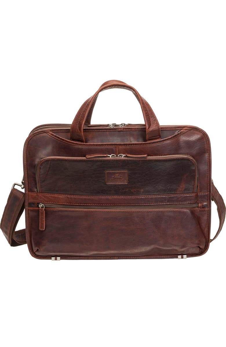 Mancini Triple Compartment Leather Briefcase, Alternate, color, Brown