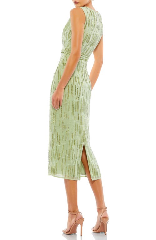 Mac Duggal Abstract Beaded Sleeveless Midi Sheath Dress In Sage