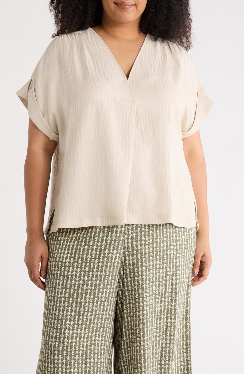 MAX STUDIO V-Neck Short Sleeve Shirt, Main, color, Heather Oatmeal