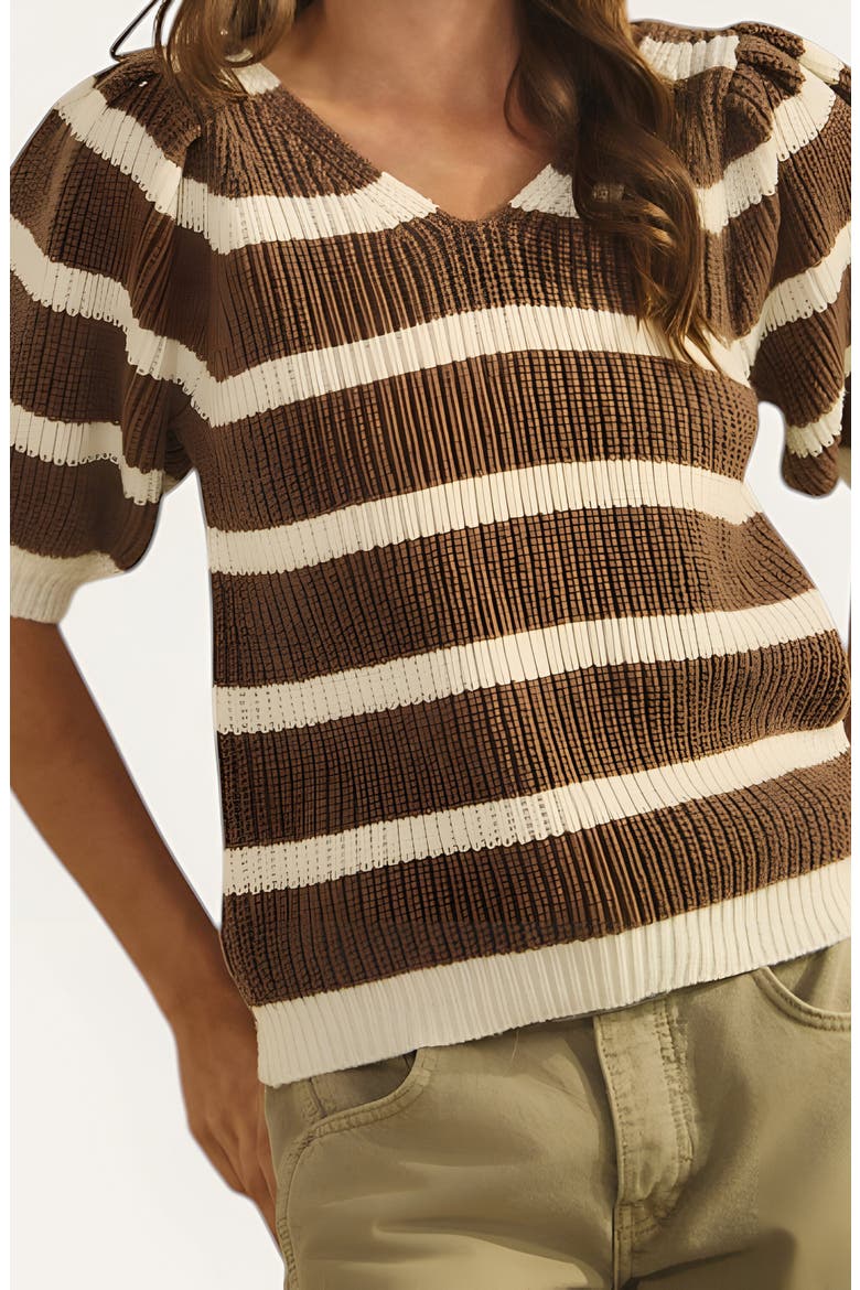 Striped Short Sleeve Sweater with Puff Shoulders and Square Neckline, Alternate, color, Brown / Off White Stripe